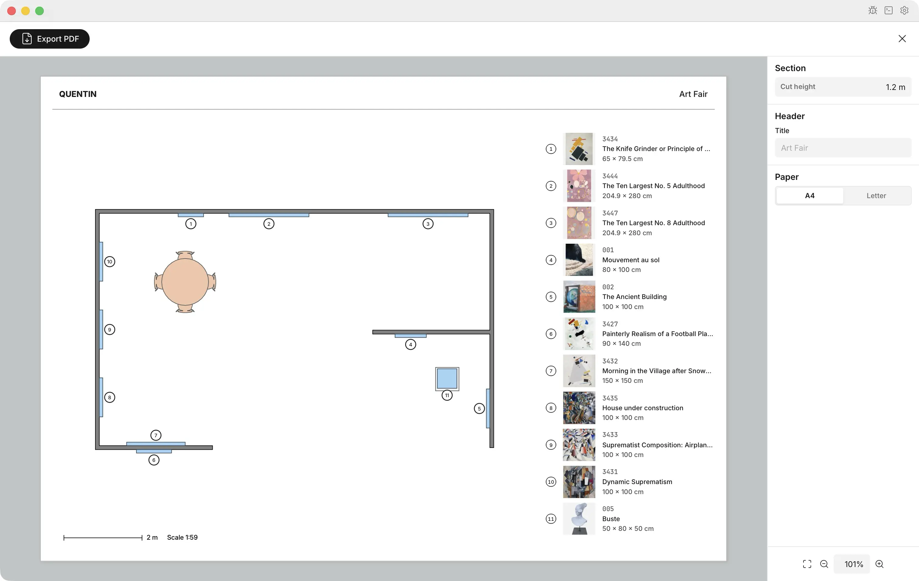 Floor map of an art fair booth in Bristol, with numbered artworks and the matching list